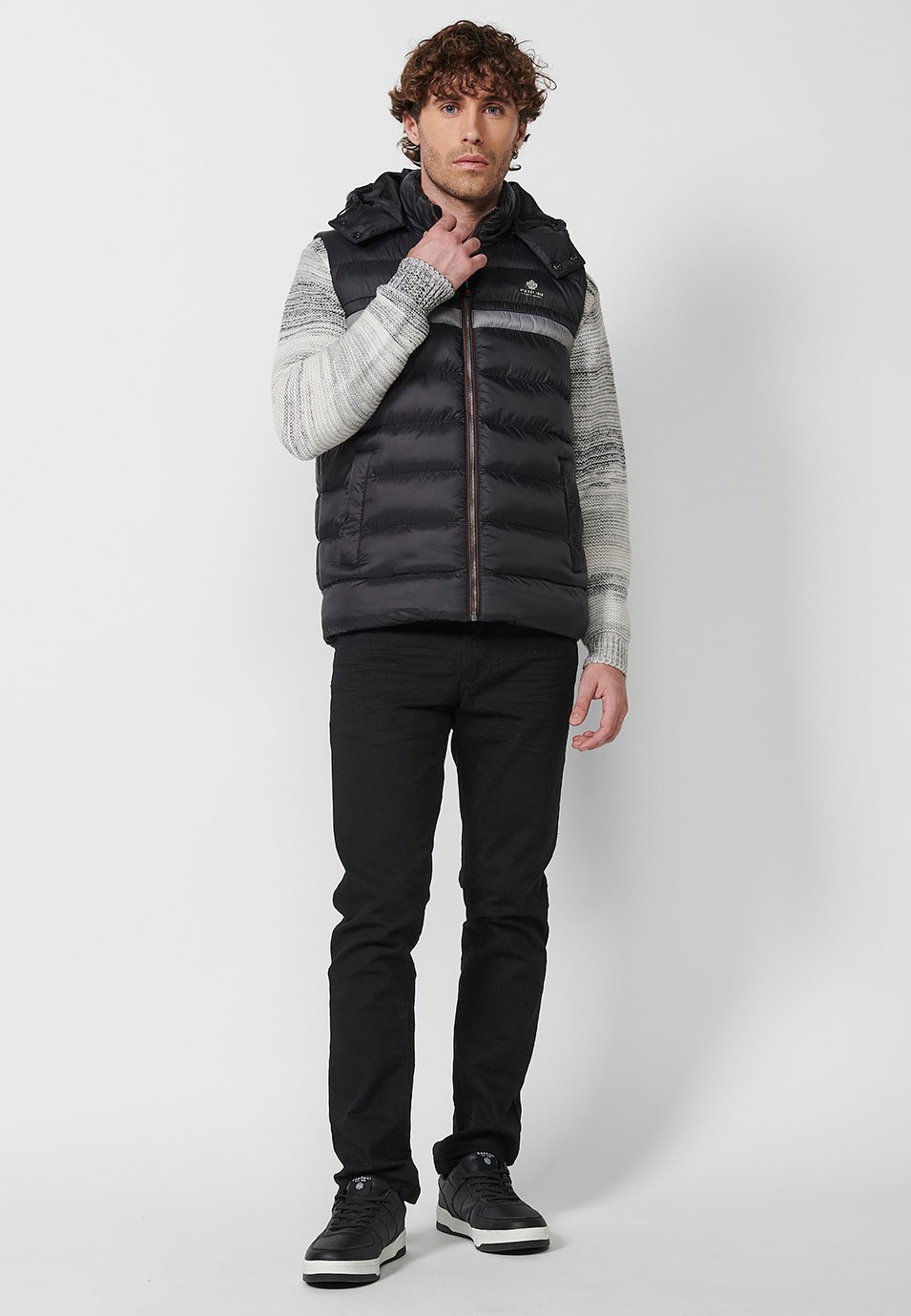 Mens Quilted Vest with Hooded Collar and Front Zip Closure and Pockets in Black 2