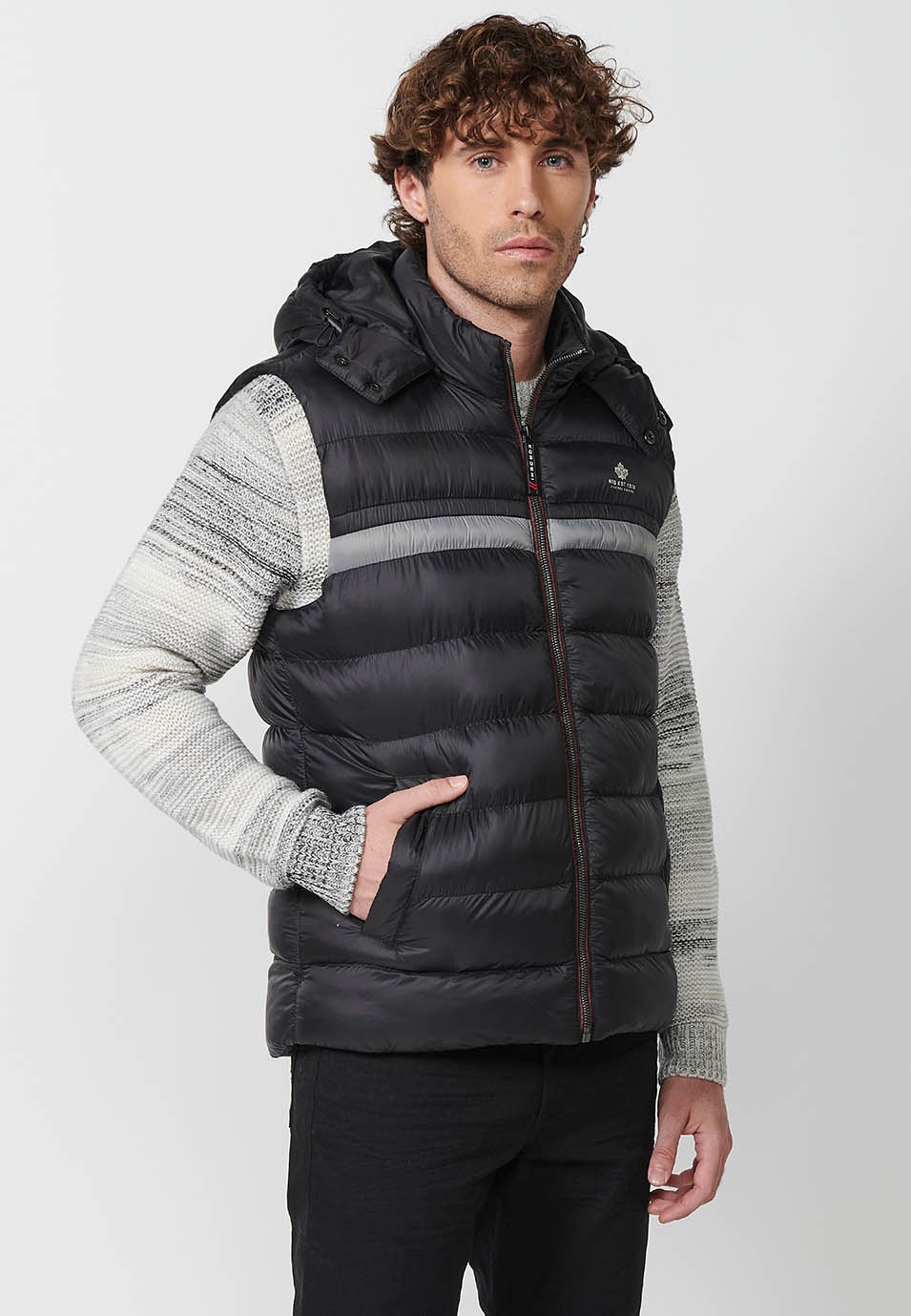 Mens Quilted Vest with Hooded Collar and Front Zip Closure and Pockets in Black 4