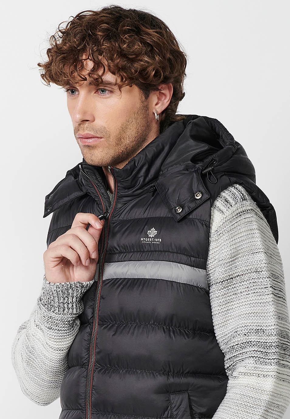 Mens Quilted Vest with Hooded Collar and Front Zip Closure and Pockets in Black 3