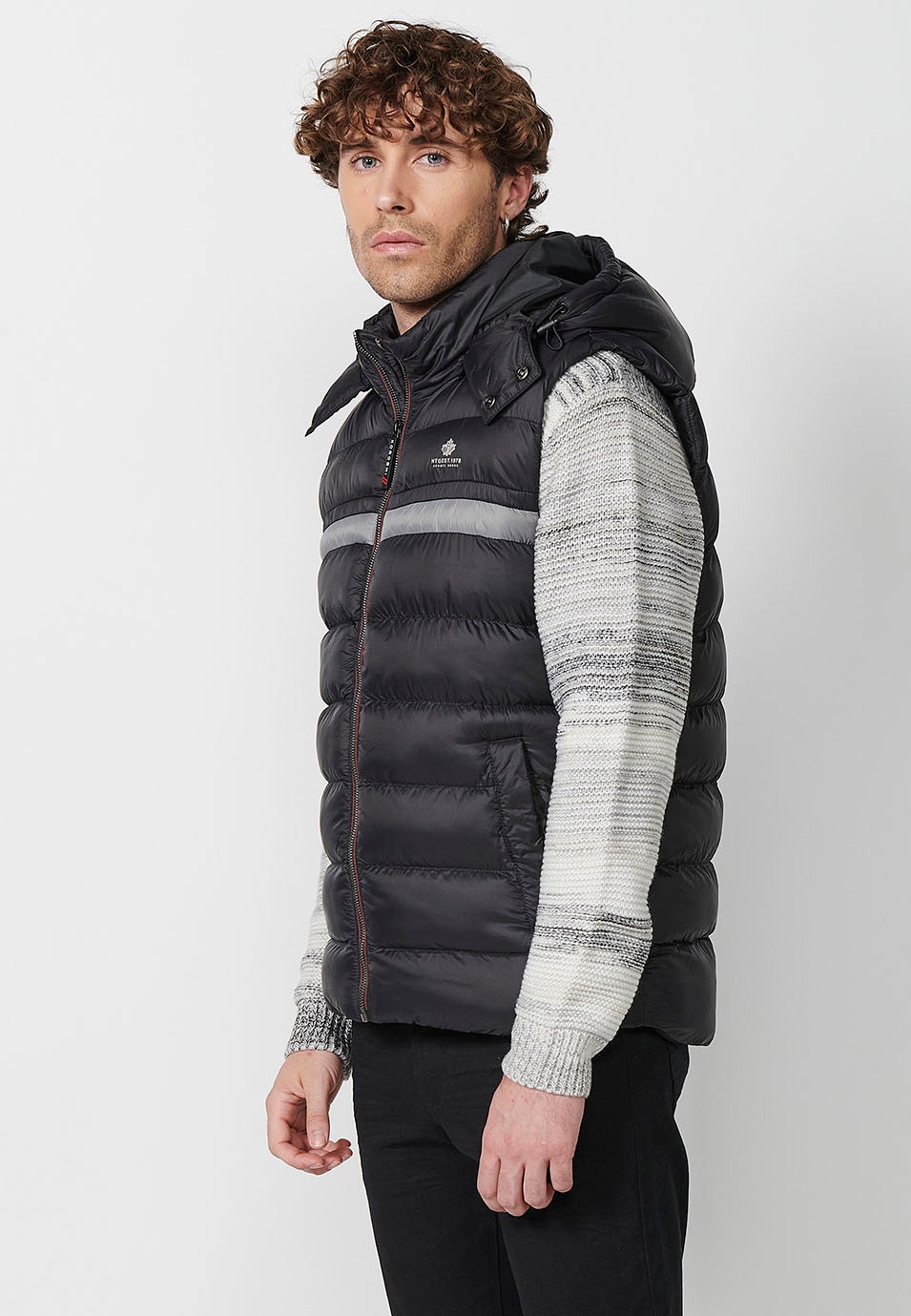 Mens Quilted Vest with Hooded Collar and Front Zip Closure and Pockets in Black 1