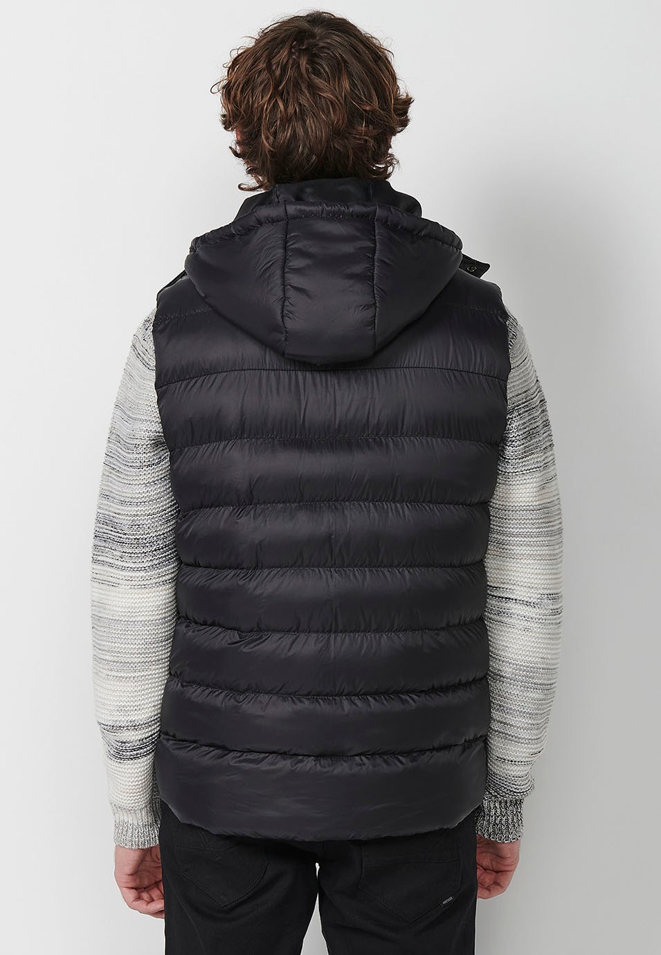 Mens Quilted Vest with Hooded Collar and Front Zip Closure and Pockets in Black 5