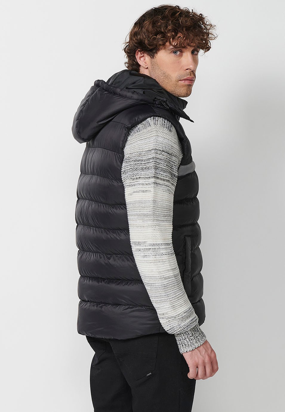 Mens Quilted Vest with Hooded Collar and Front Zip Closure and Pockets in Black 8