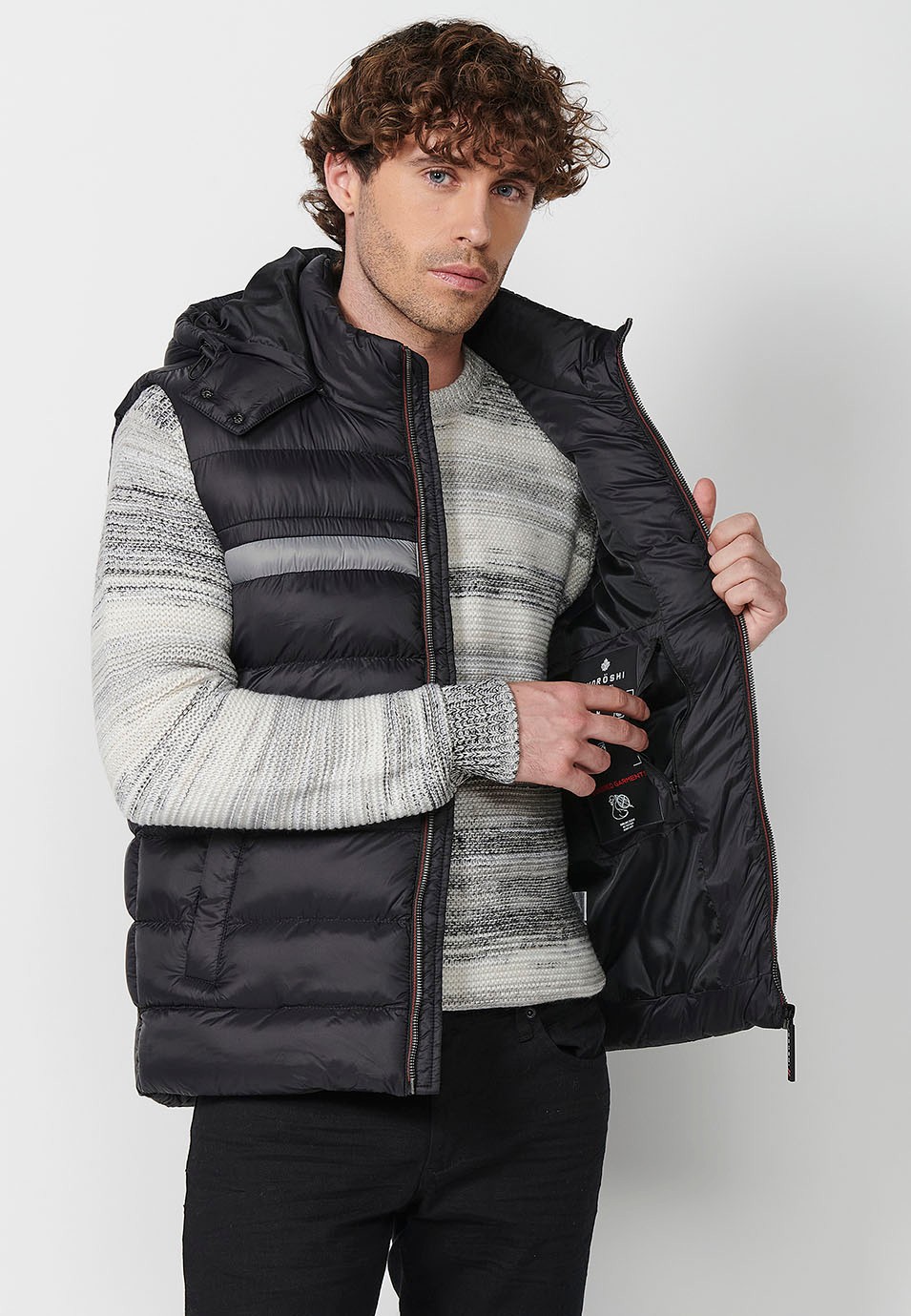 Mens Quilted Vest with Hooded Collar and Front Zip Closure and Pockets in Black 6