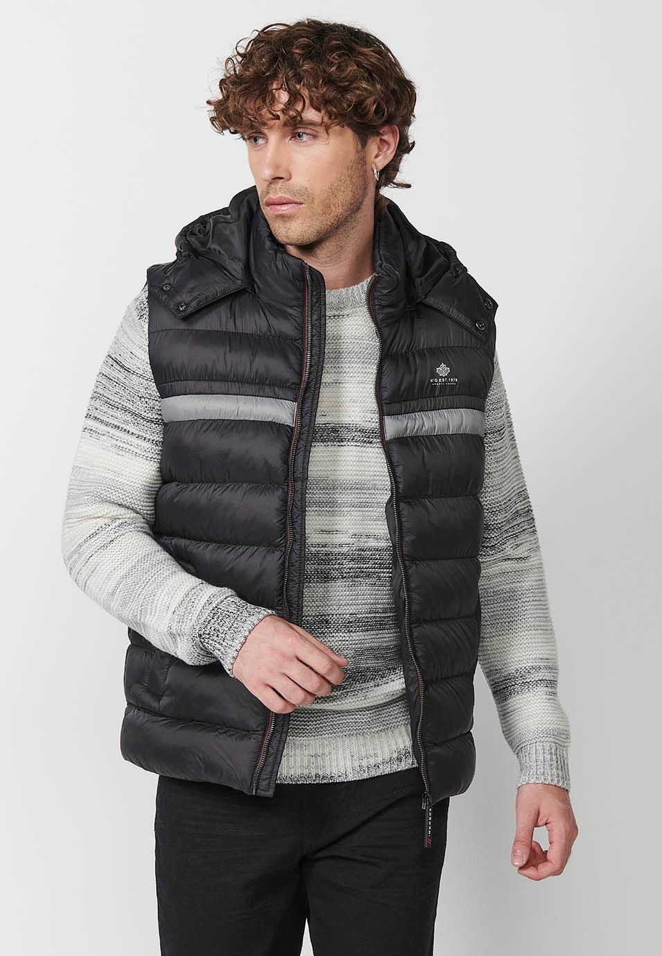 Mens Quilted Vest with Hooded Collar and Front Zip Closure and Pockets in Black 7