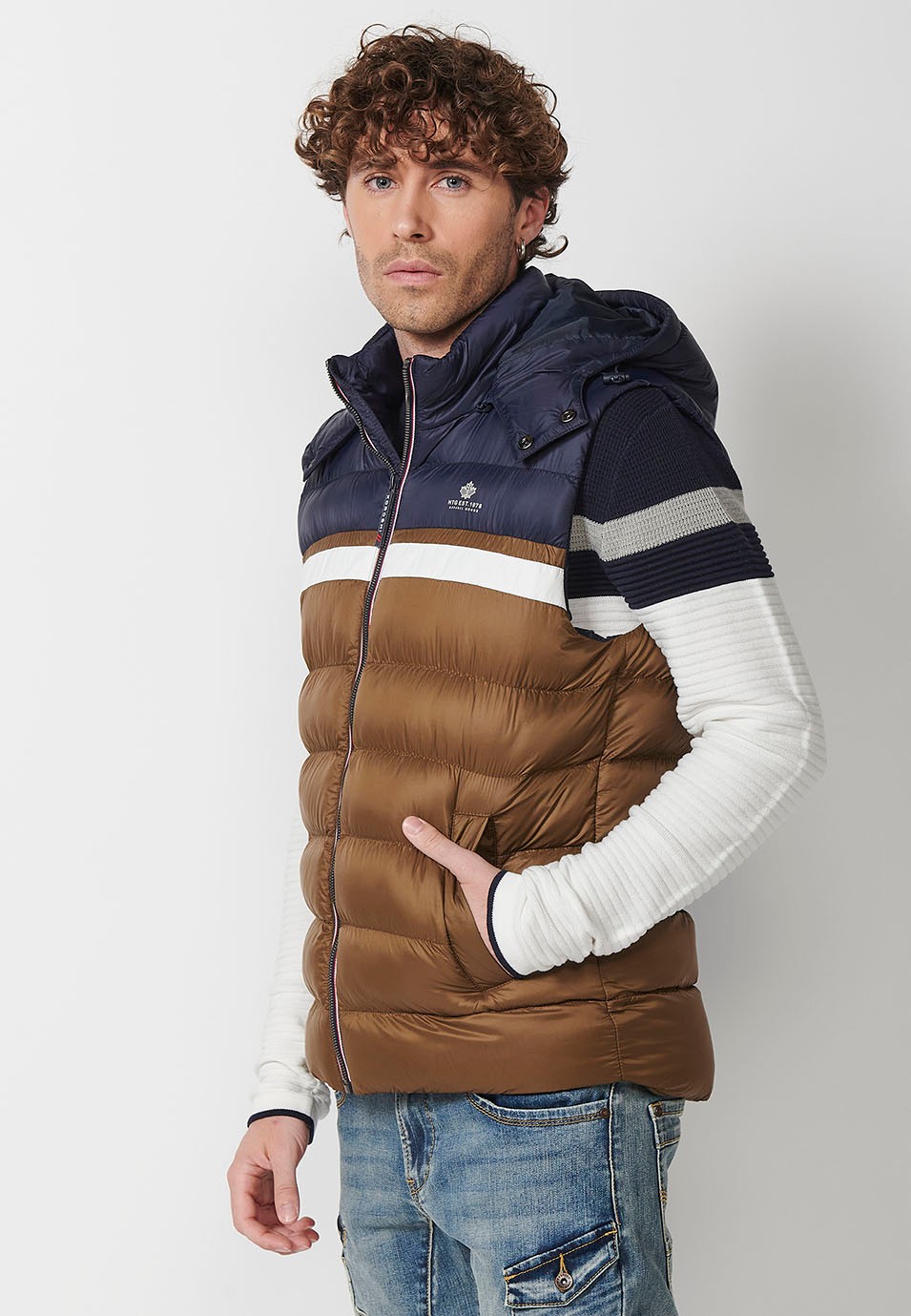 Mens Quilted Vest with Hooded Collar and Front Zip Closure and Pockets in Brown