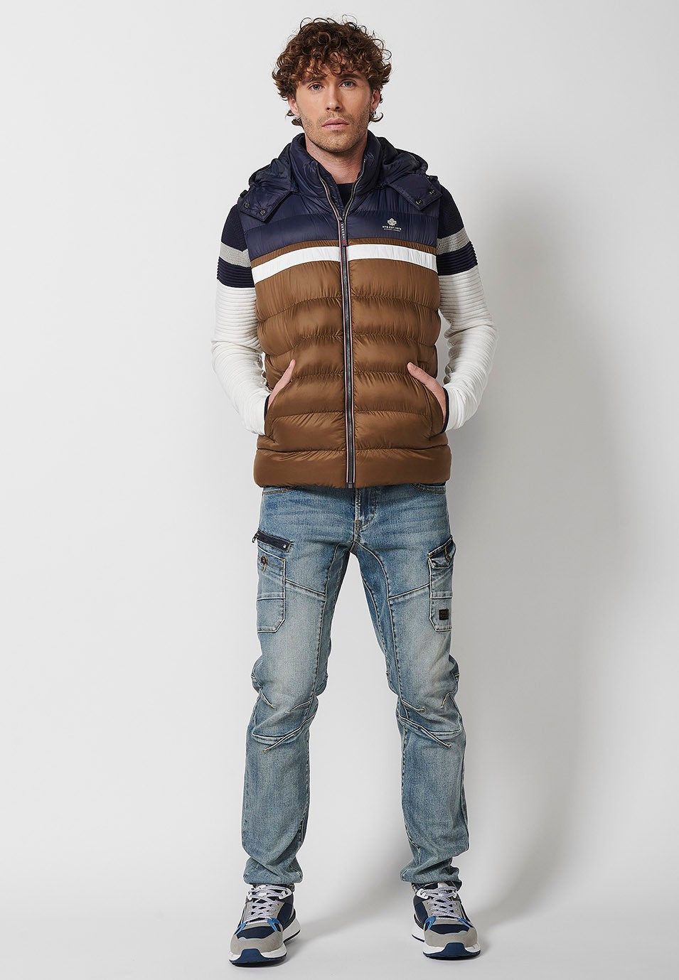 Mens Quilted Vest with Hooded Collar and Front Zip Closure and Pockets in Brown