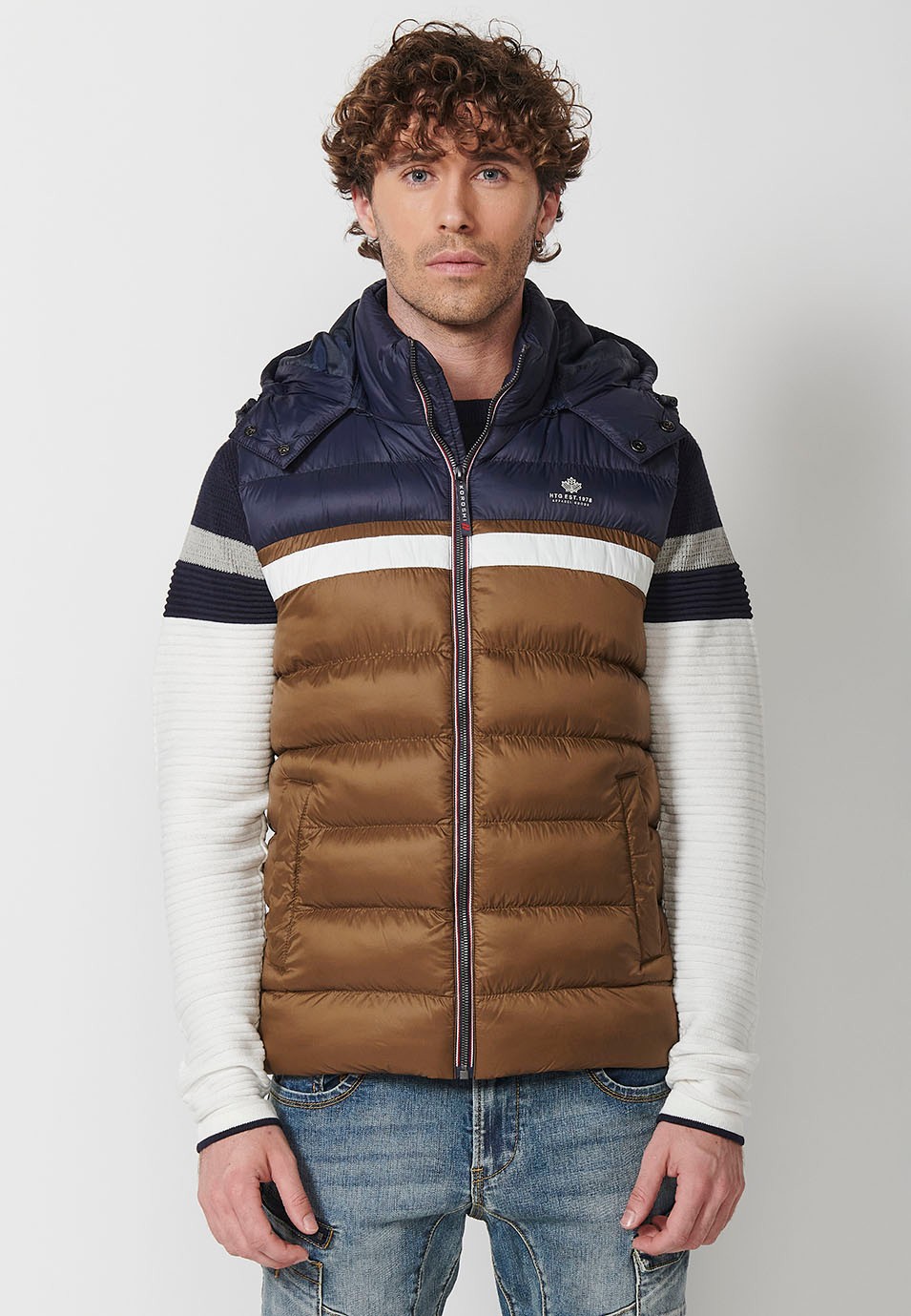 Mens Quilted Vest with Hooded Collar and Front Zip Closure and Pockets in Brown