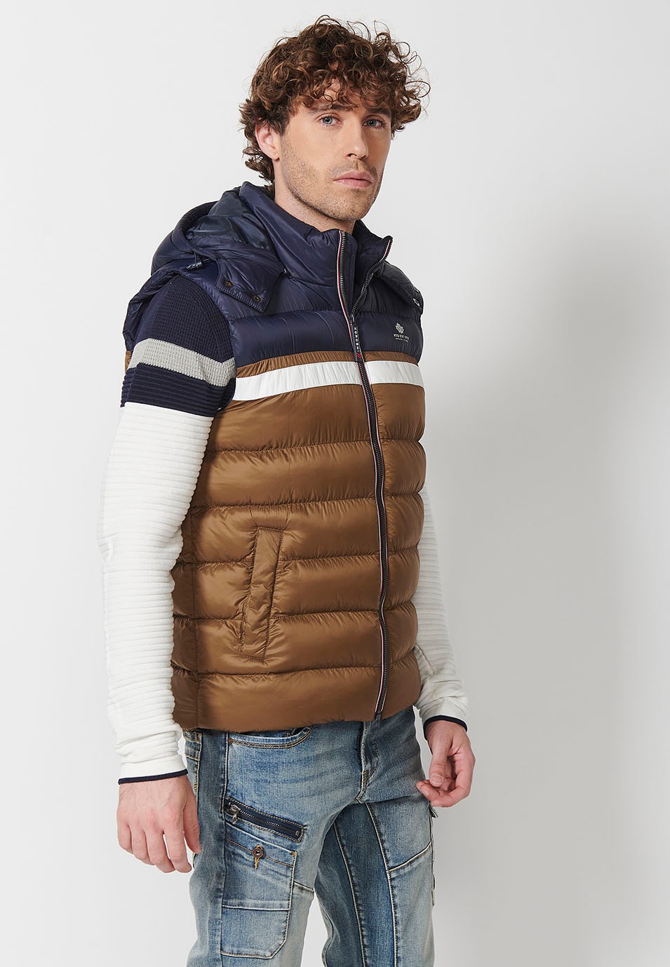 Mens Quilted Vest with Hooded Collar and Front Zip Closure and Pockets in Brown