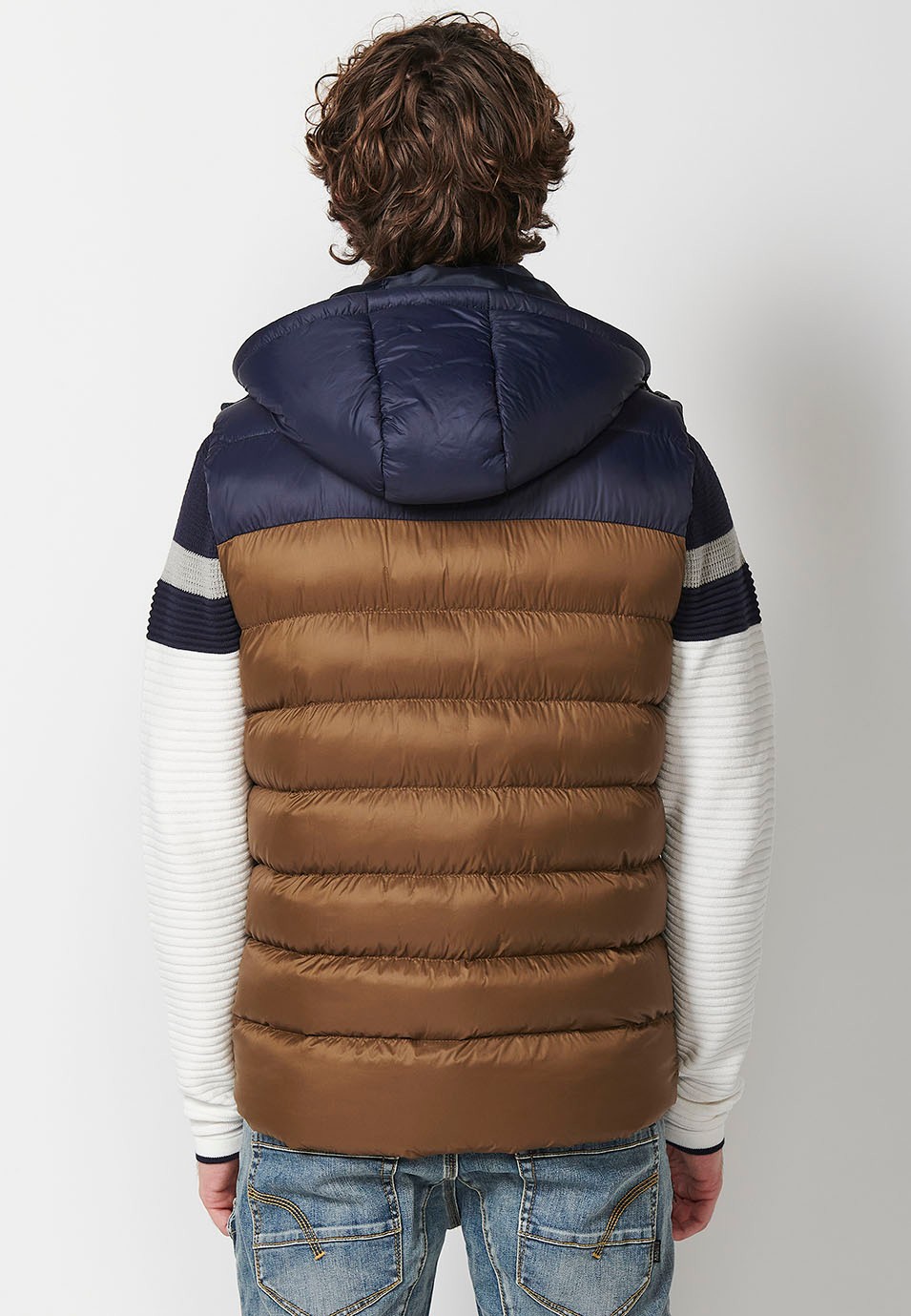 Mens Quilted Vest with Hooded Collar and Front Zip Closure and Pockets in Brown