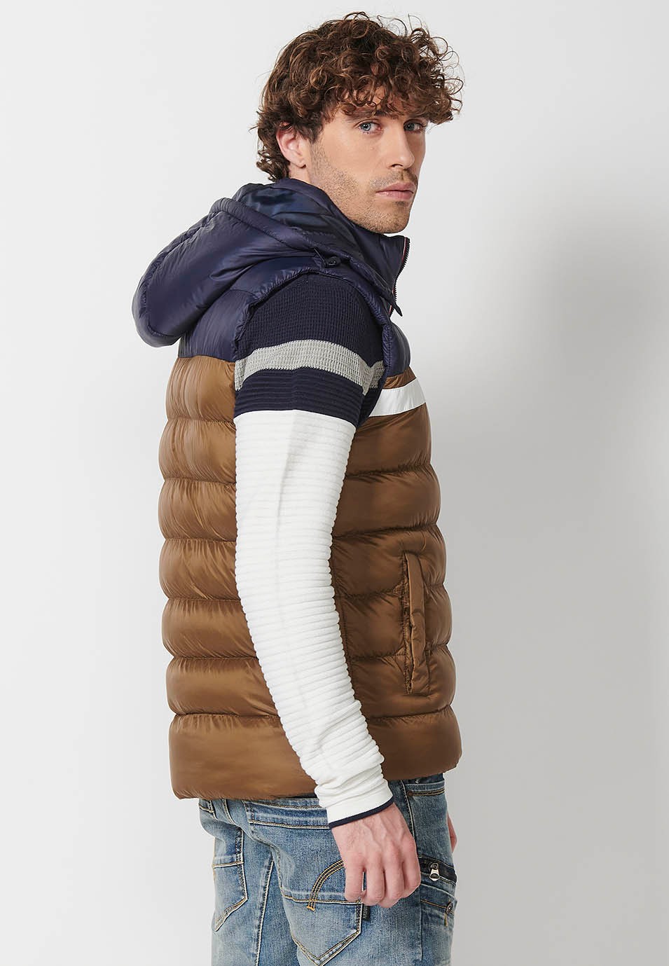 Mens Quilted Vest with Hooded Collar and Front Zip Closure and Pockets in Brown