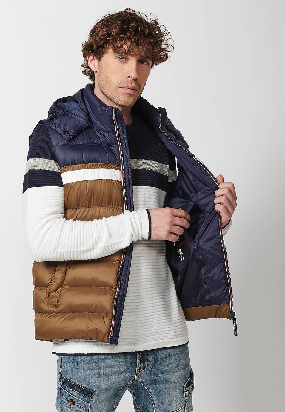 Mens Quilted Vest with Hooded Collar and Front Zip Closure and Pockets in Brown