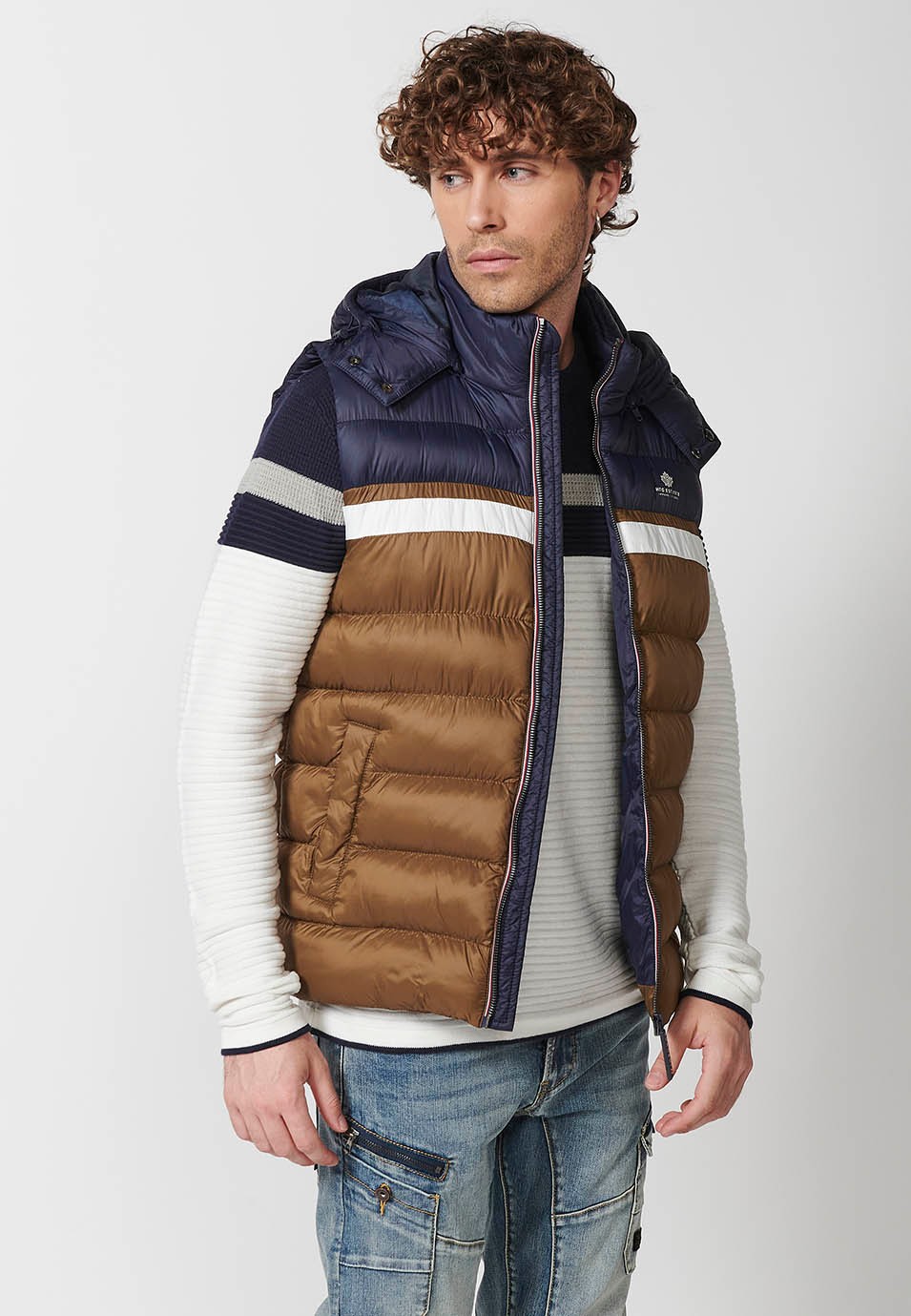 Mens Quilted Vest with Hooded Collar and Front Zip Closure and Pockets in Brown