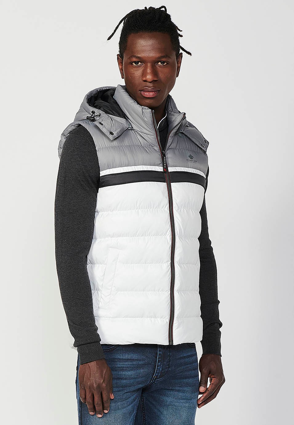 Mens Quilted Vest with Hooded Collar and Front Zip Closure and Pockets in Ecru