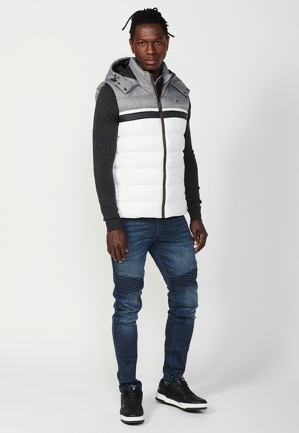 Mens Quilted Vest with Hooded Collar and Front Zip Closure and Pockets in Ecru