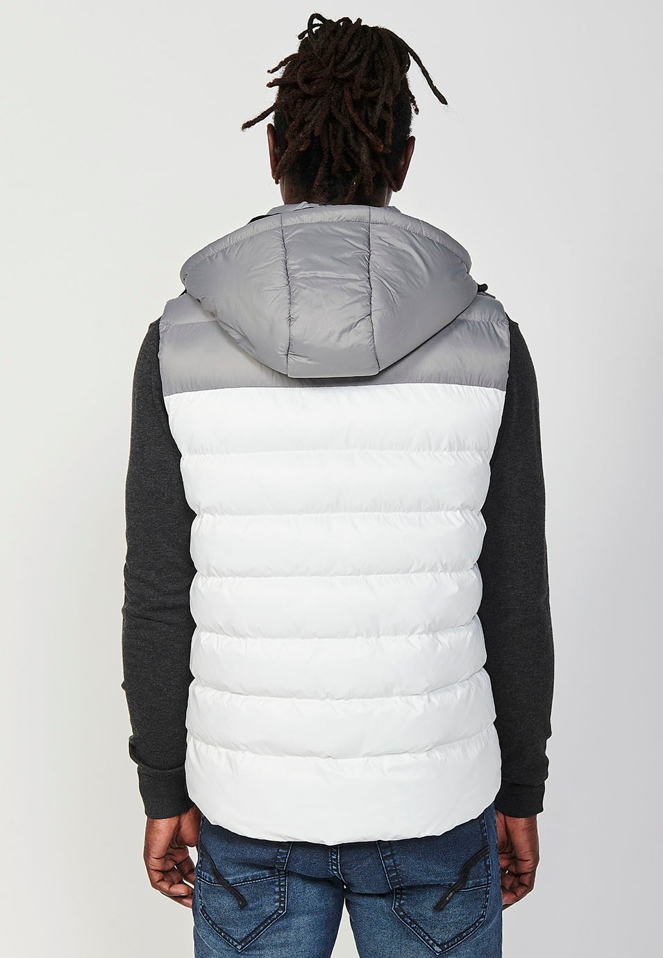 Mens Quilted Vest with Hooded Collar and Front Zip Closure and Pockets in Ecru