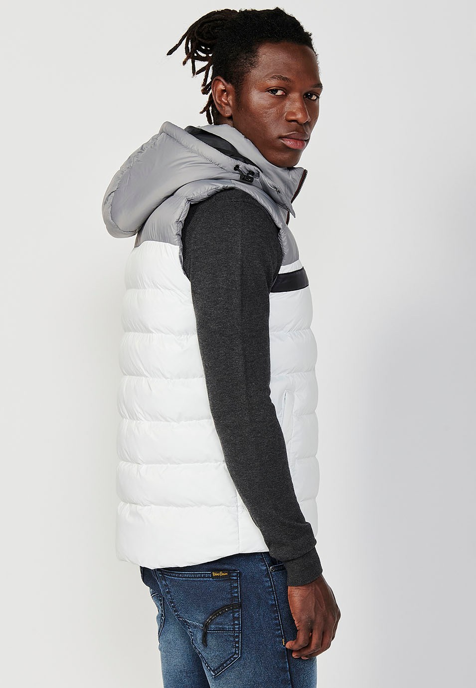 Mens Quilted Vest with Hooded Collar and Front Zip Closure and Pockets in Ecru