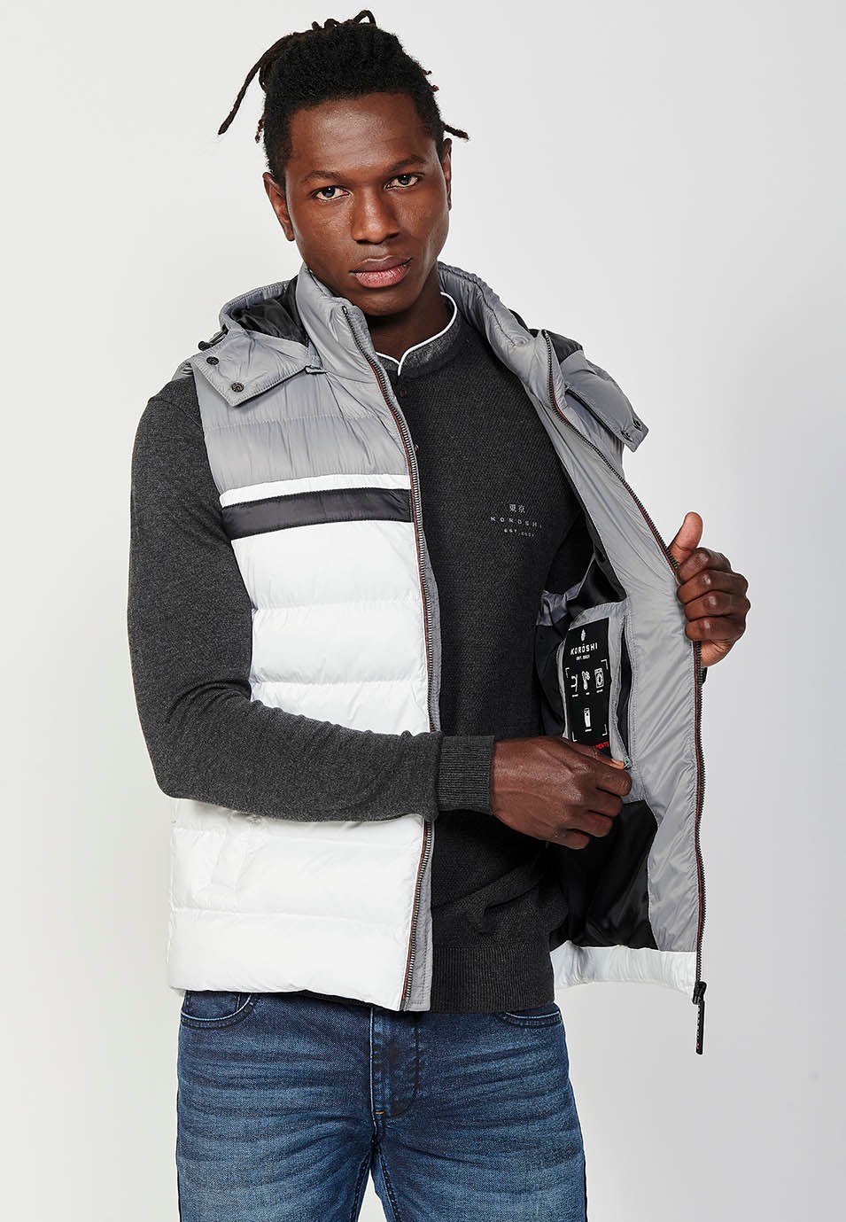 Mens Quilted Vest with Hooded Collar and Front Zip Closure and Pockets in Ecru