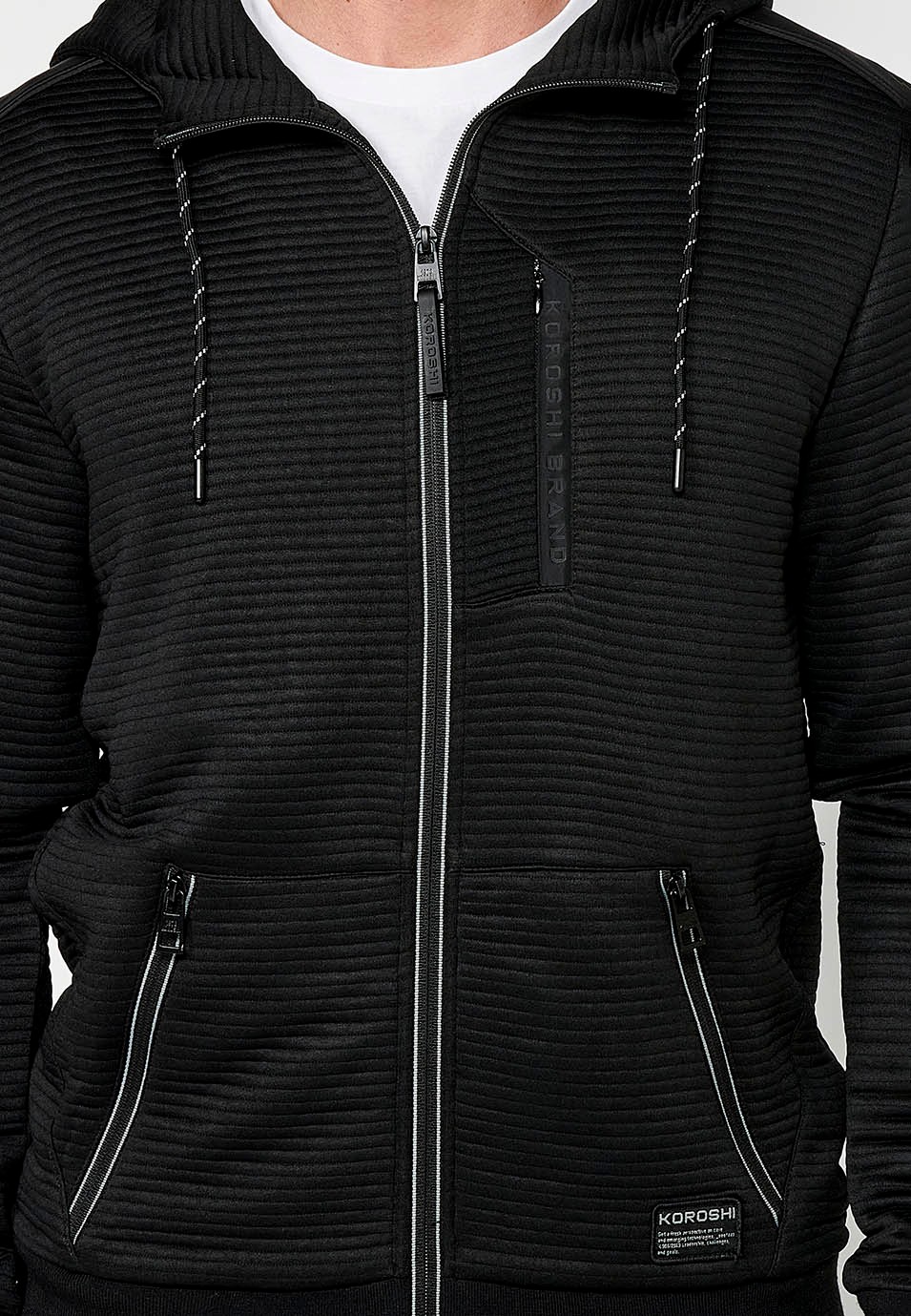 Chaqueta sudadera de manga larga con cuello y capucha con cierre delantero y cremallera con bolsillos para hombre de color negro