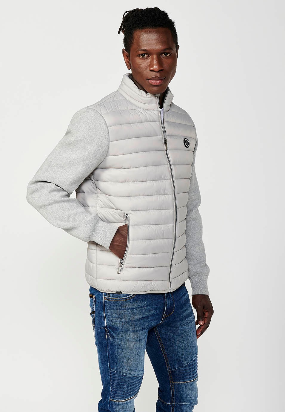 Veste sweat-shirt à manches longues et col montant pour hommes, gris perle, fermeture éclair sur le devant 1