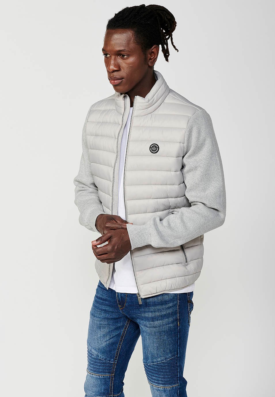 Veste sweat-shirt à manches longues et col montant pour hommes, gris perle, fermeture éclair sur le devant 2