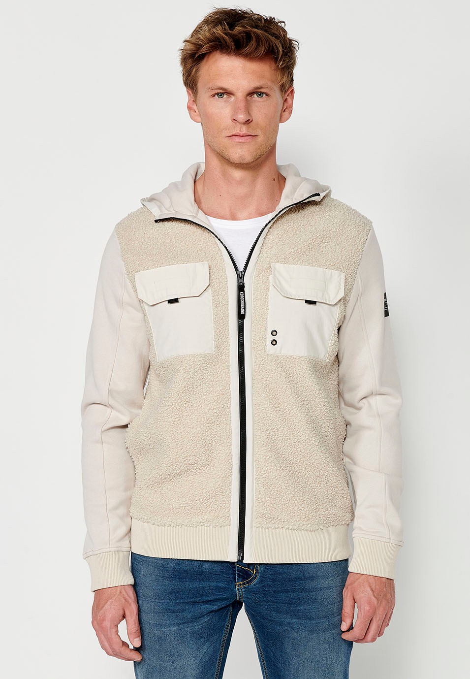 Men's Reversible Long Sleeve Sweatshirt Jacket with Front Pockets and Flaps in Beige