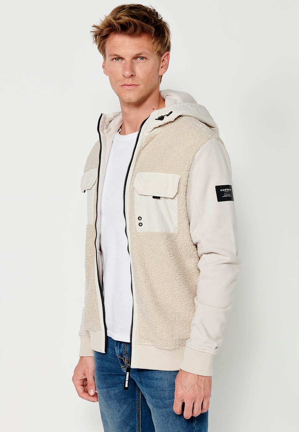 Men's Reversible Long Sleeve Sweatshirt Jacket with Front Pockets and Flaps in Beige 7