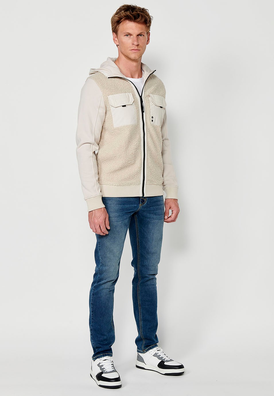 Men's Reversible Long Sleeve Sweatshirt Jacket with Front Pockets and Flaps in Beige 8