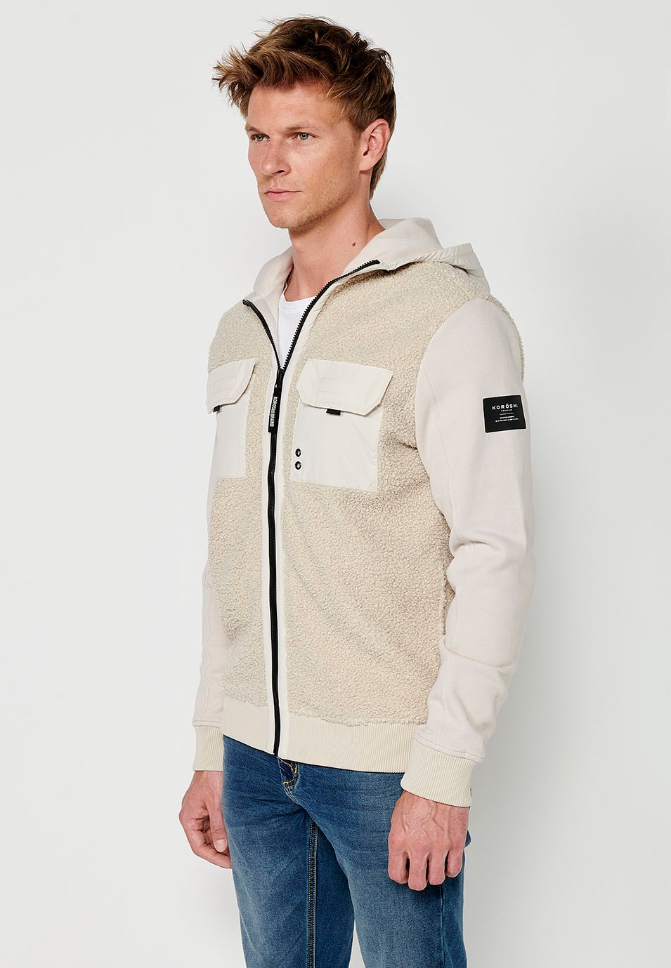 Men's Reversible Long Sleeve Sweatshirt Jacket with Front Pockets and Flaps in Beige 6