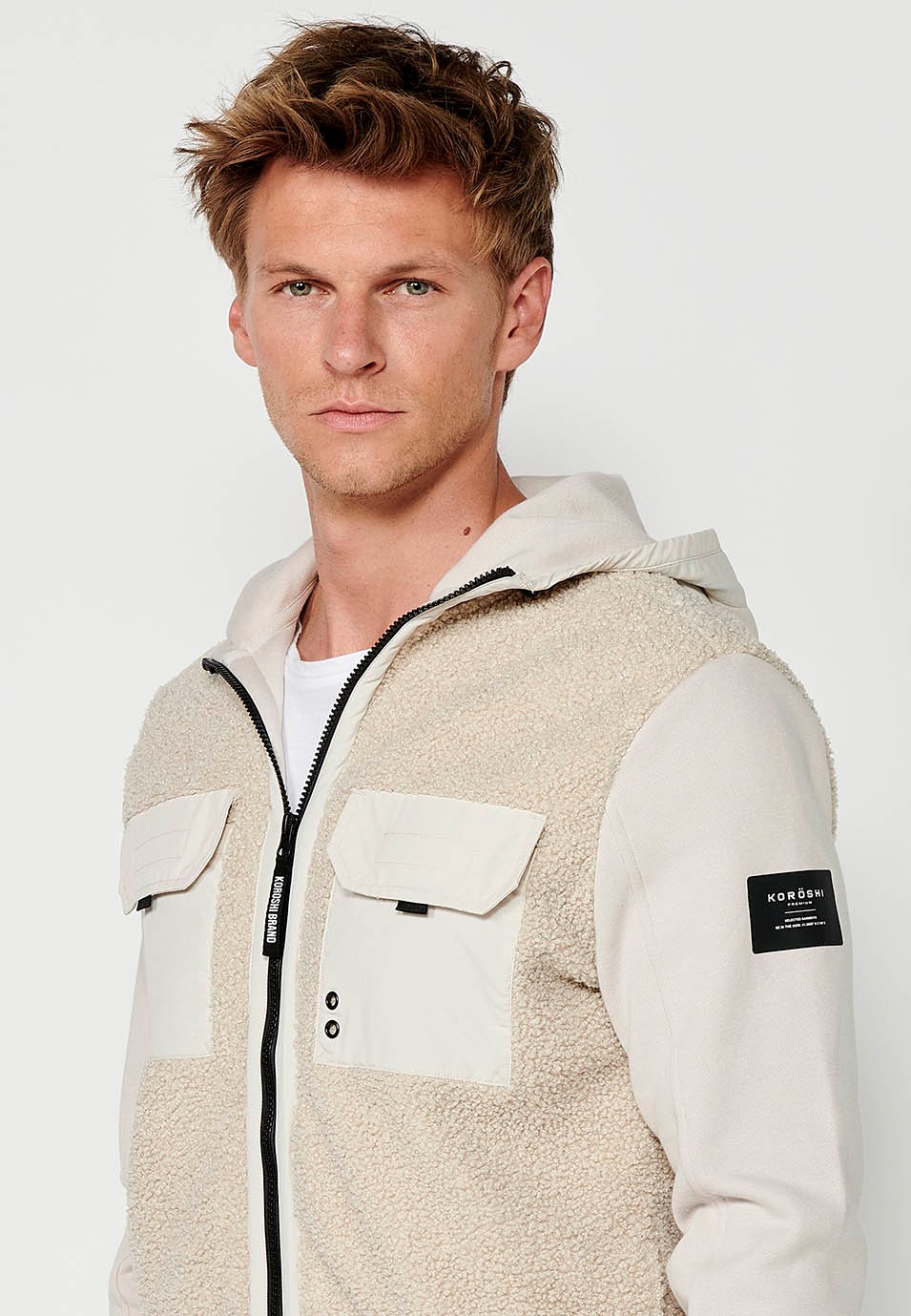 Men's Reversible Long Sleeve Sweatshirt Jacket with Front Pockets and Flaps in Beige 3