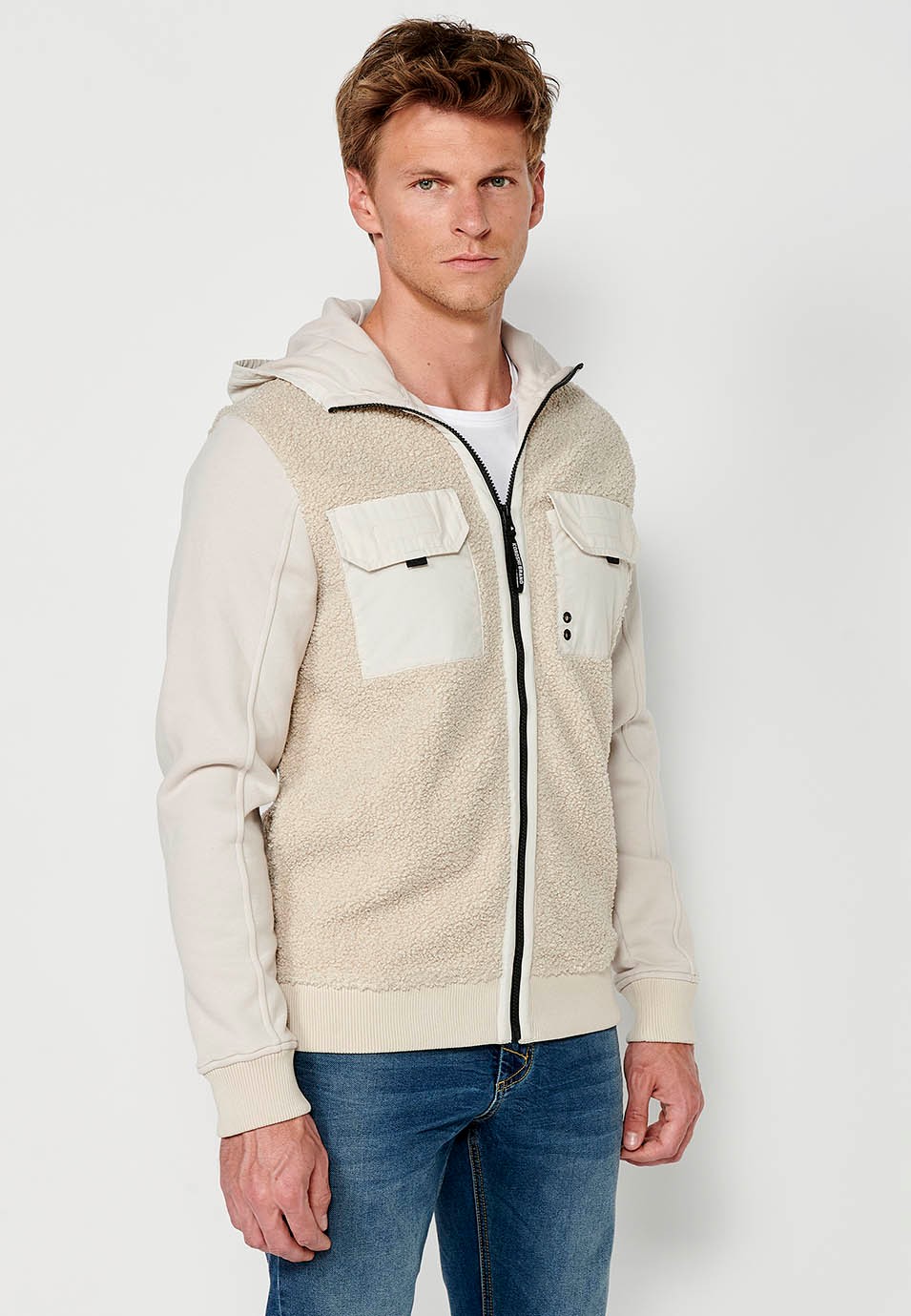 Men's Reversible Long Sleeve Sweatshirt Jacket with Front Pockets and Flaps in Beige 1