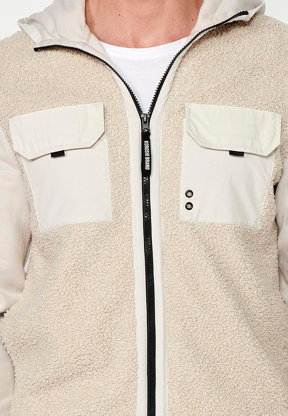 Veste sweat réversible homme beige à manches longues avec poches devant et revers 5