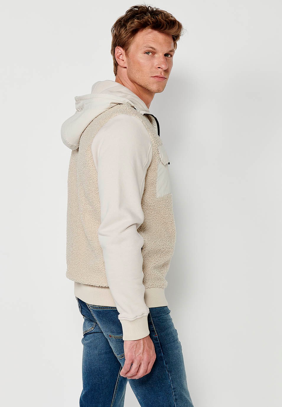 Men's Reversible Long Sleeve Sweatshirt Jacket with Front Pockets and Flaps in Beige 4