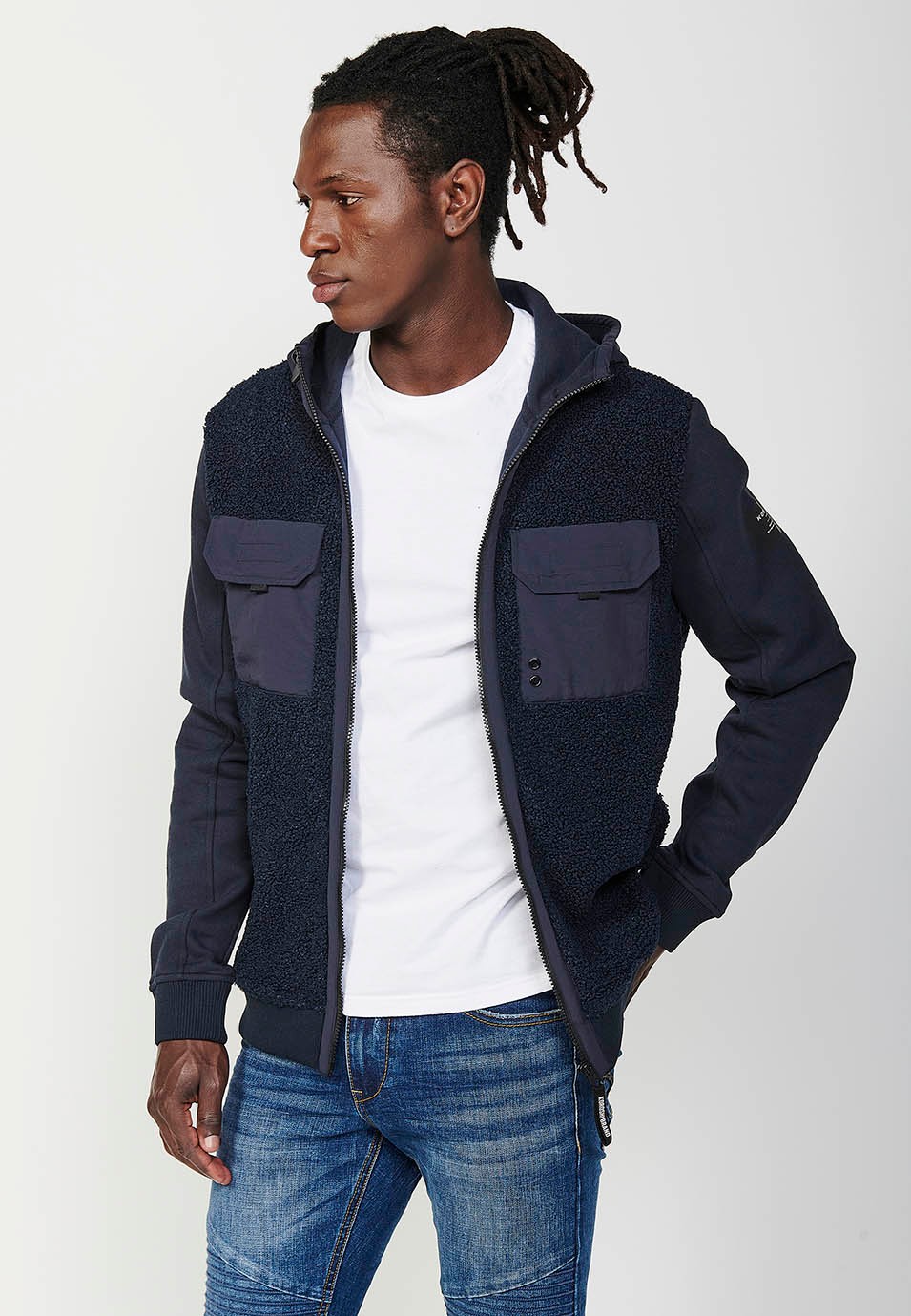 Men's Reversible Long Sleeve Sweatshirt Jacket with Front Pockets and Flaps in Navy