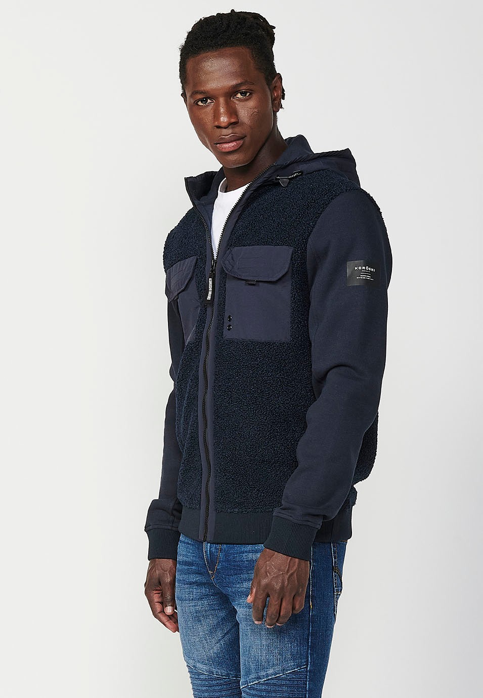 Men's Reversible Long Sleeve Sweatshirt Jacket with Front Pockets and Flaps in Navy