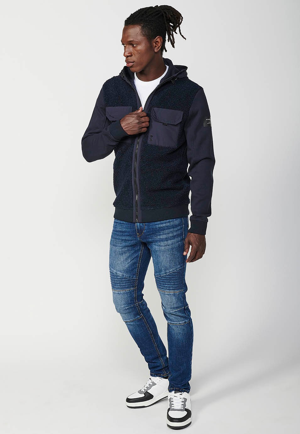 Veste sweat réversible à manches longues avec poches avant et revers pour homme en bleu marine