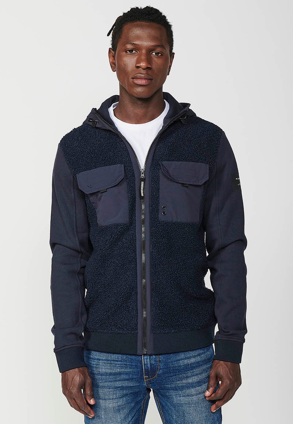 Men's Reversible Long Sleeve Sweatshirt Jacket with Front Pockets and Flaps in Navy