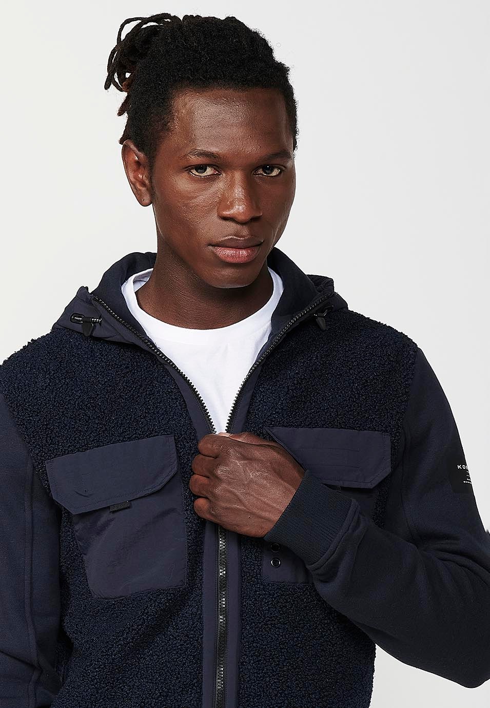 Chaqueta sudadera de manga larga reversible con bolsillos delanteros y solapas para hombre de color navy