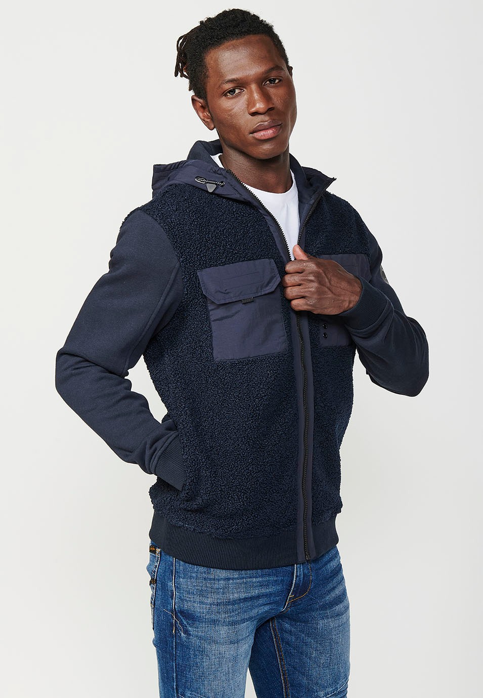 Men's Reversible Long Sleeve Sweatshirt Jacket with Front Pockets and Flaps in Navy