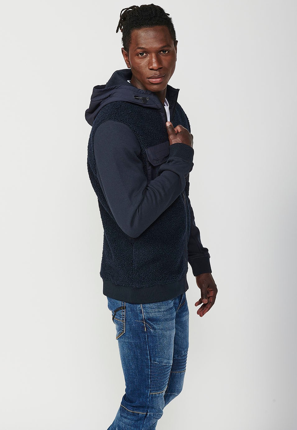 Men's Reversible Long Sleeve Sweatshirt Jacket with Front Pockets and Flaps in Navy