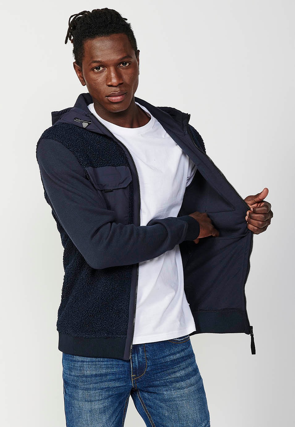 Chaqueta sudadera de manga larga reversible con bolsillos delanteros y solapas para hombre de color navy