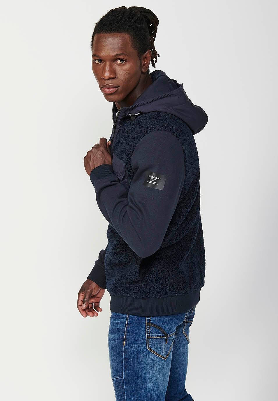 Men's Reversible Long Sleeve Sweatshirt Jacket with Front Pockets and Flaps in Navy