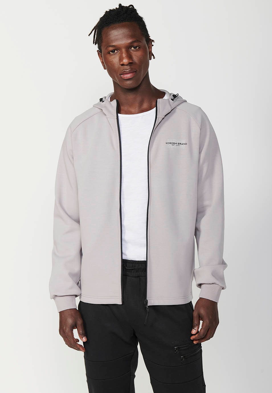 Chaqueta de manga larga con cuello y capucha con cierre delantero y cremallera con bolsillos para hombre de color gris 2