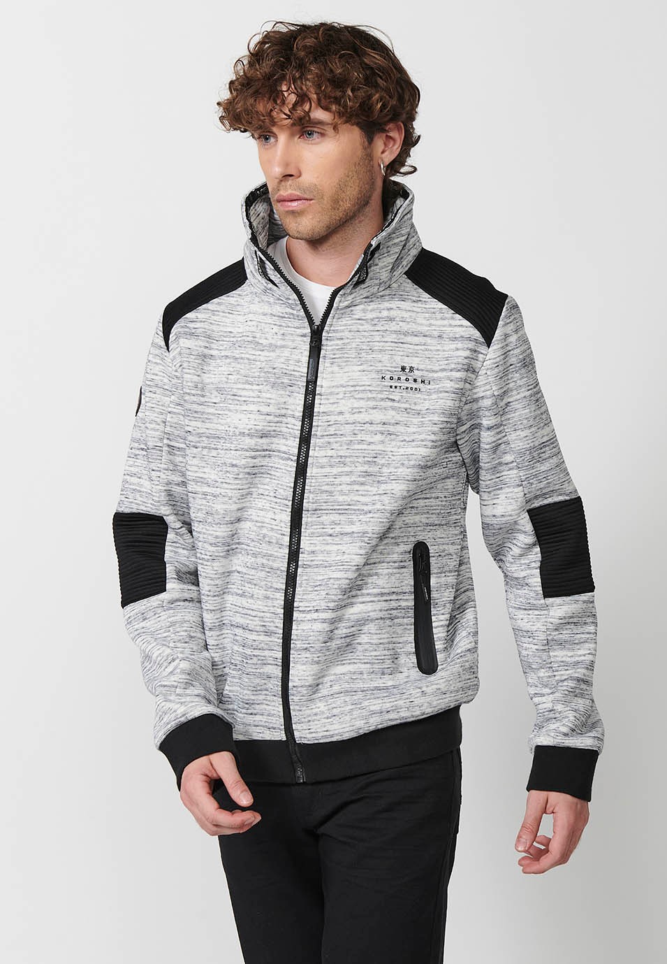 Chaqueta sudadera de manga larga y cuello alto ajustable con cordón y cierre delantero con cremallera para hombre de color gris