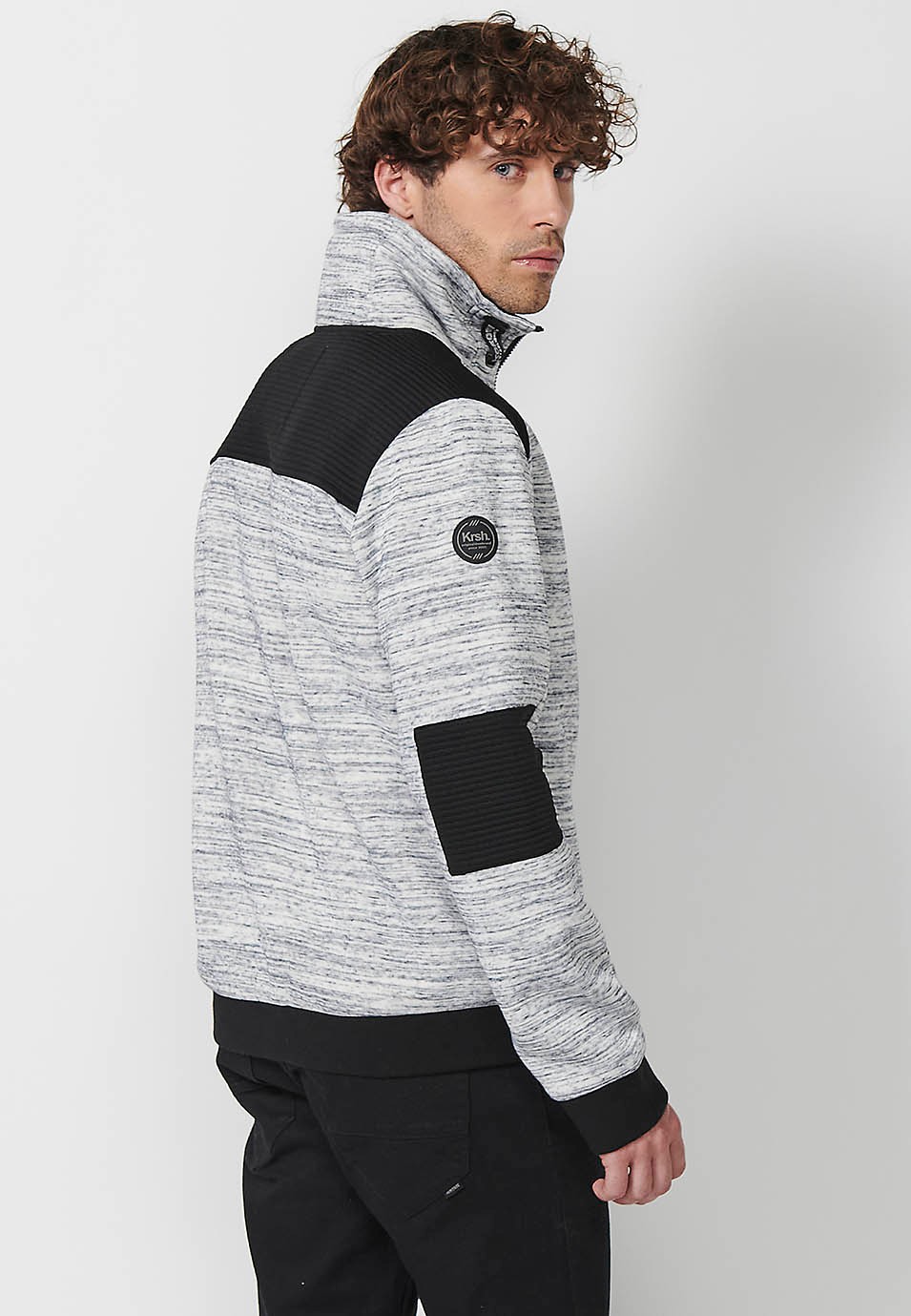 Chaqueta sudadera de manga larga y cuello alto ajustable con cordón y cierre delantero con cremallera para hombre de color gris