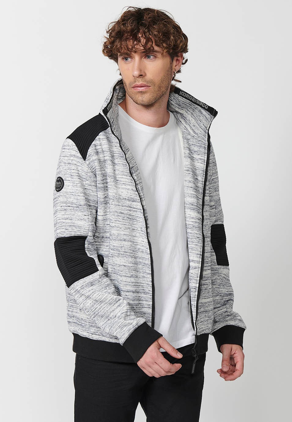 Chaqueta sudadera de manga larga y cuello alto ajustable con cordón y cierre delantero con cremallera para hombre de color gris