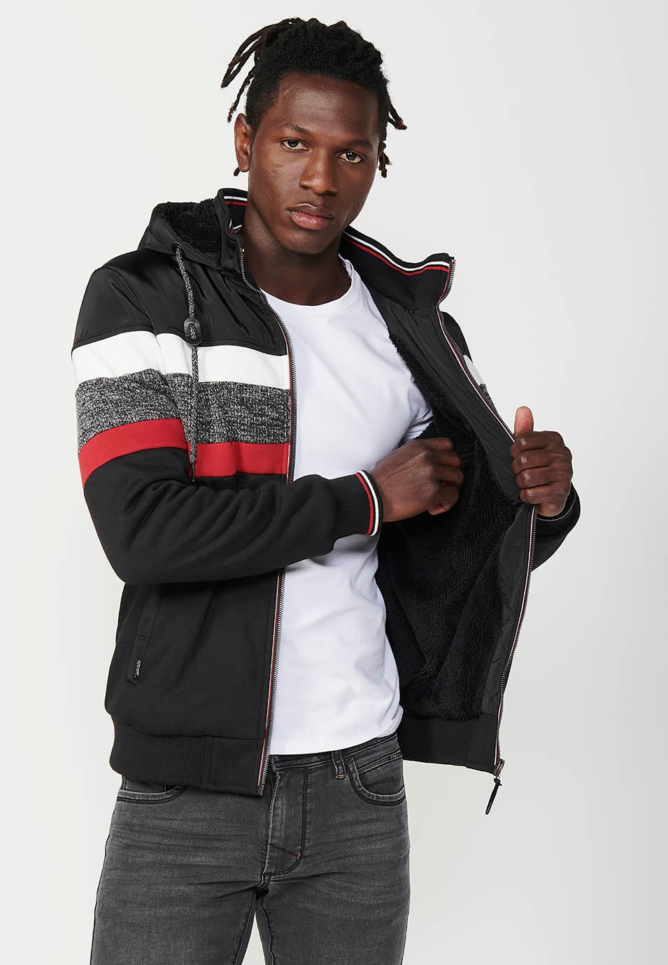 Mens Quilted Hooded Zip Front Sweatshirt Jacket in Black 1