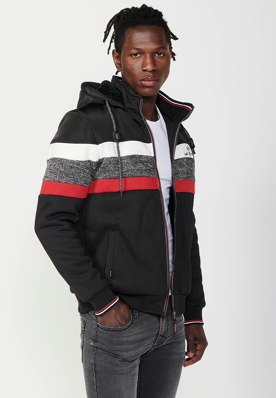 Mens Quilted Hooded Zip Front Sweatshirt Jacket in Black 6