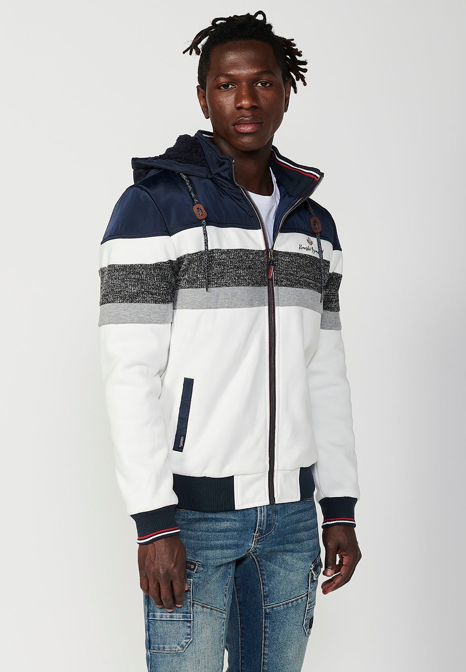 Mens Quilted Hooded Zip Front Sweatshirt Jacket in Navy