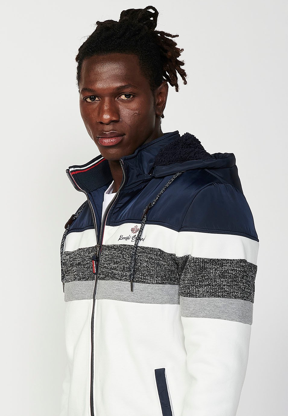 Mens Quilted Hooded Zip Front Sweatshirt Jacket in Navy