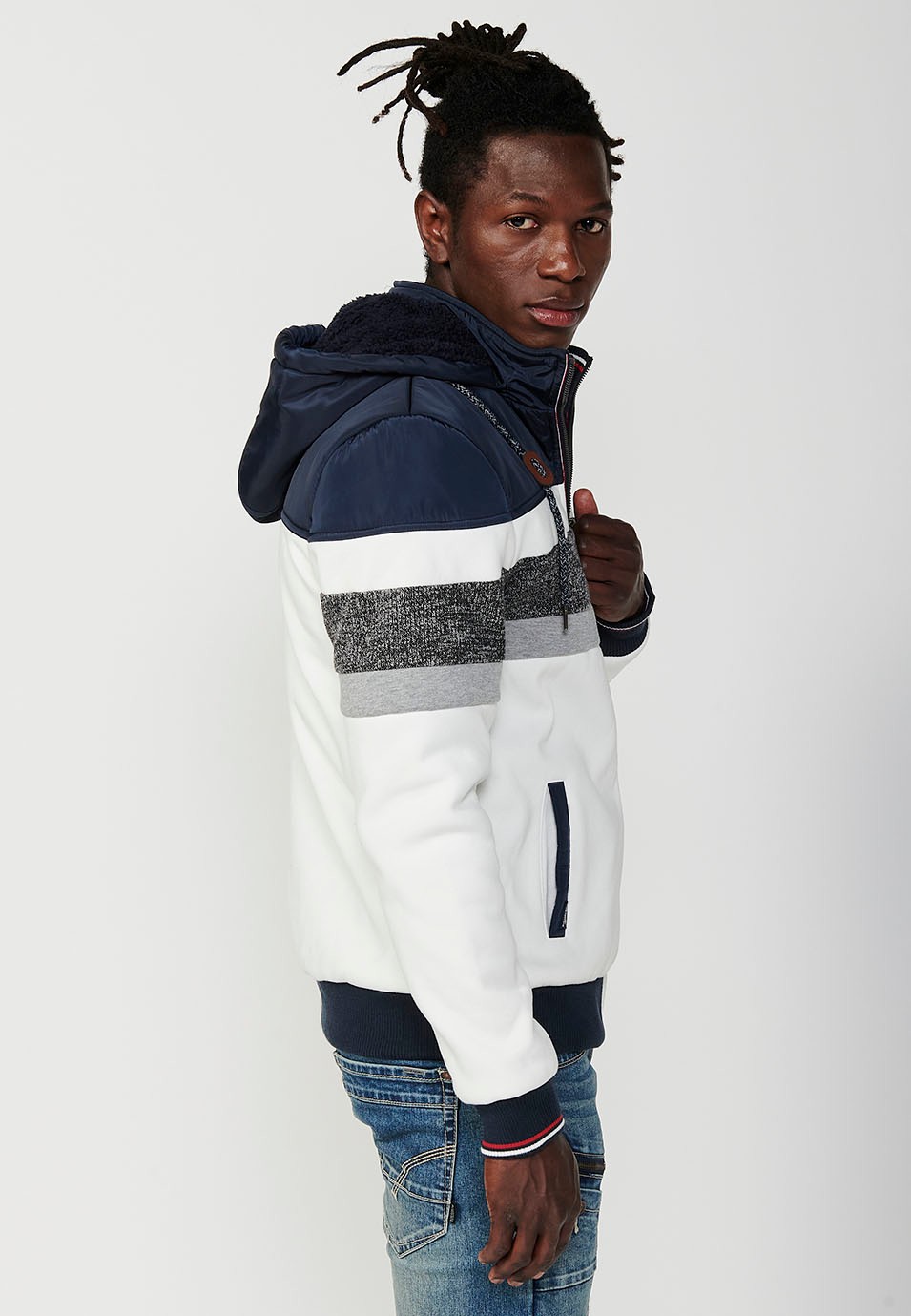 Mens Quilted Hooded Zip Front Sweatshirt Jacket in Navy